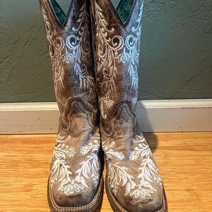 Brown and White Embroidered Cowgirl Boots
